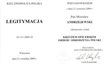 Krzyż Oficerski Orderu Odrodzenia Polski, 2009 r.