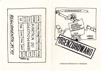 Strona 1. i 4. zaproszenia na wystawę “Zakazane rysunki” w Archiwum Państwowym w Siedlcach, czerwiec 2009 r.
